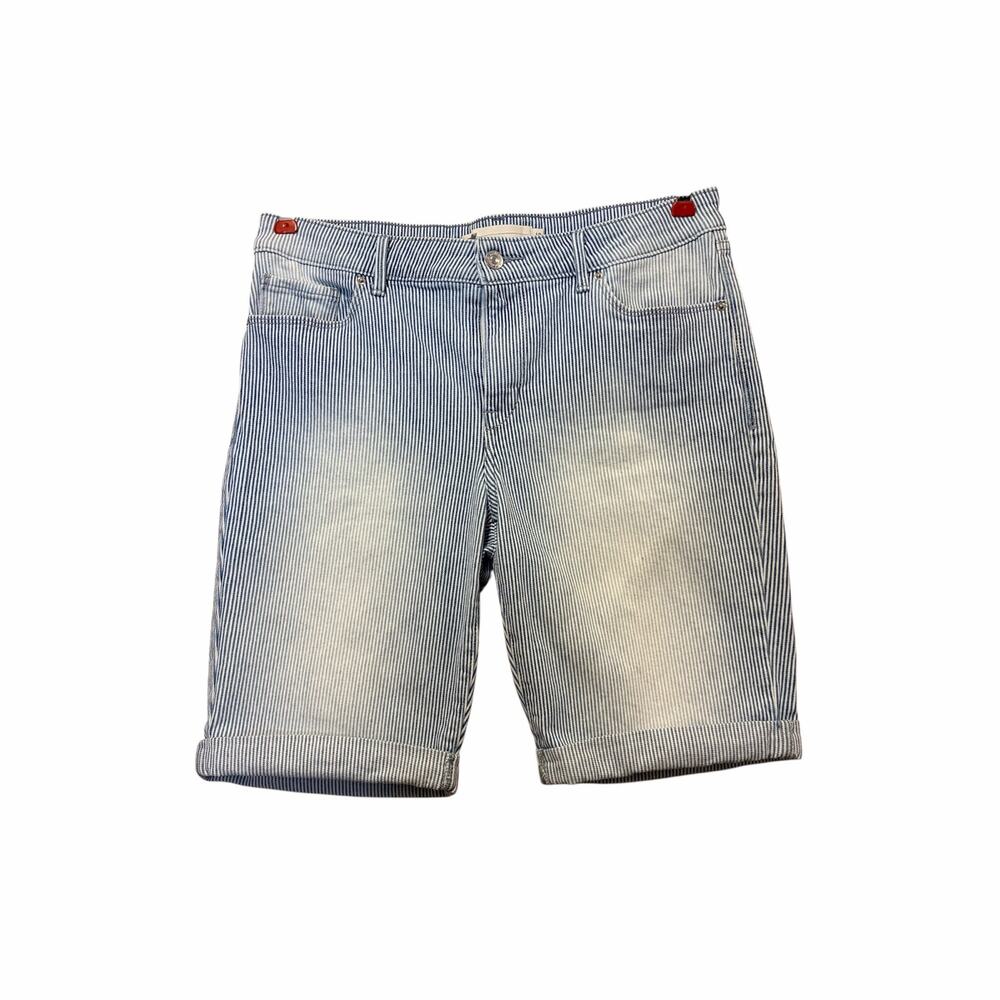 Levi’s Women’s Bermuda Shorts Size 12 Striped Denim Rolled Cuff Stretch Coastal